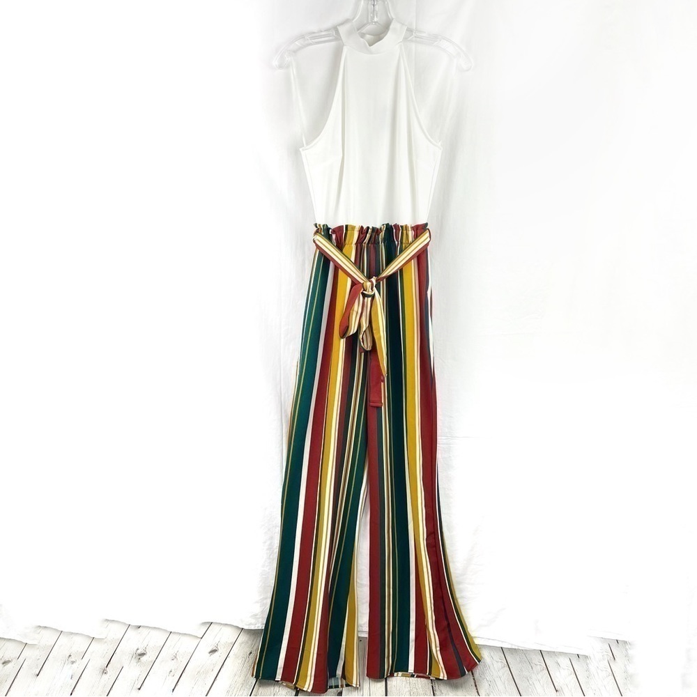 New-shop17 White halter Hi neck Multi Color Vertical Striped Palazzo Jump Suit S